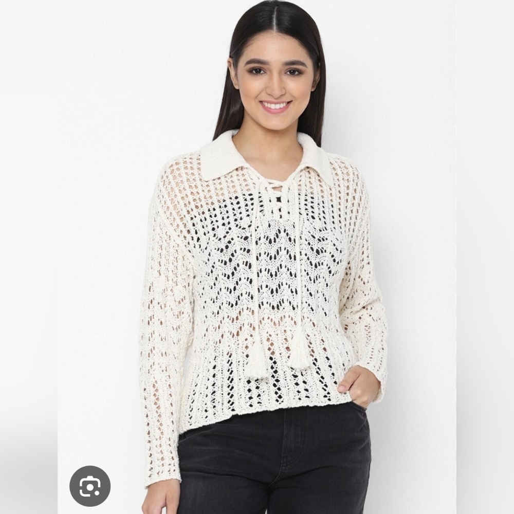 Cream Crochet Tie-Neck Sweater - Women / American Eagle